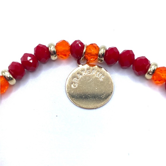 Grateful Beaded Stretch Bracelet Red Gold Tone - Picture 4 of 5